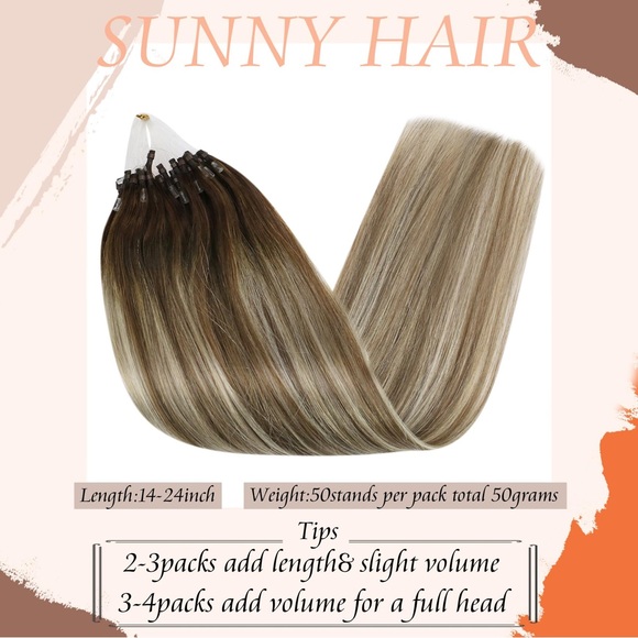 HUMAN HAIR Micro Bead Extensions Light Brown Balayage Ash Brown w/ Highlights - Picture 3 of 12